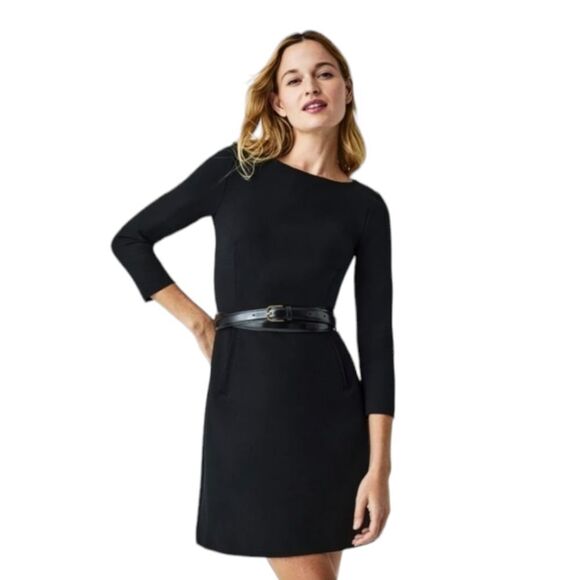 Spanx Perfect Fit Black 3/4 Sleeve A-Line Stretch Ponte Smoothing Dress Size L - Picture 1 of 15